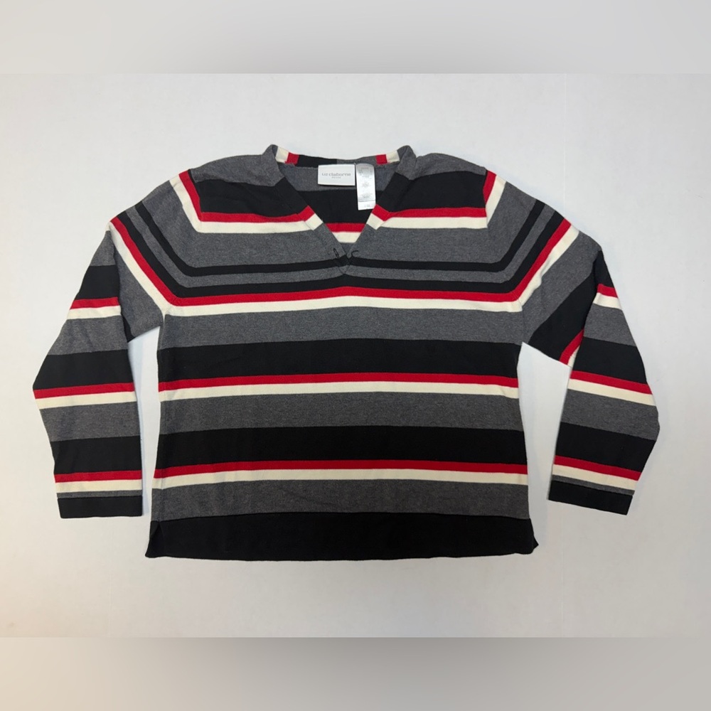 Liz Claiborne Women's Petite Large Striped V-Neck Long Sleeve Sweater